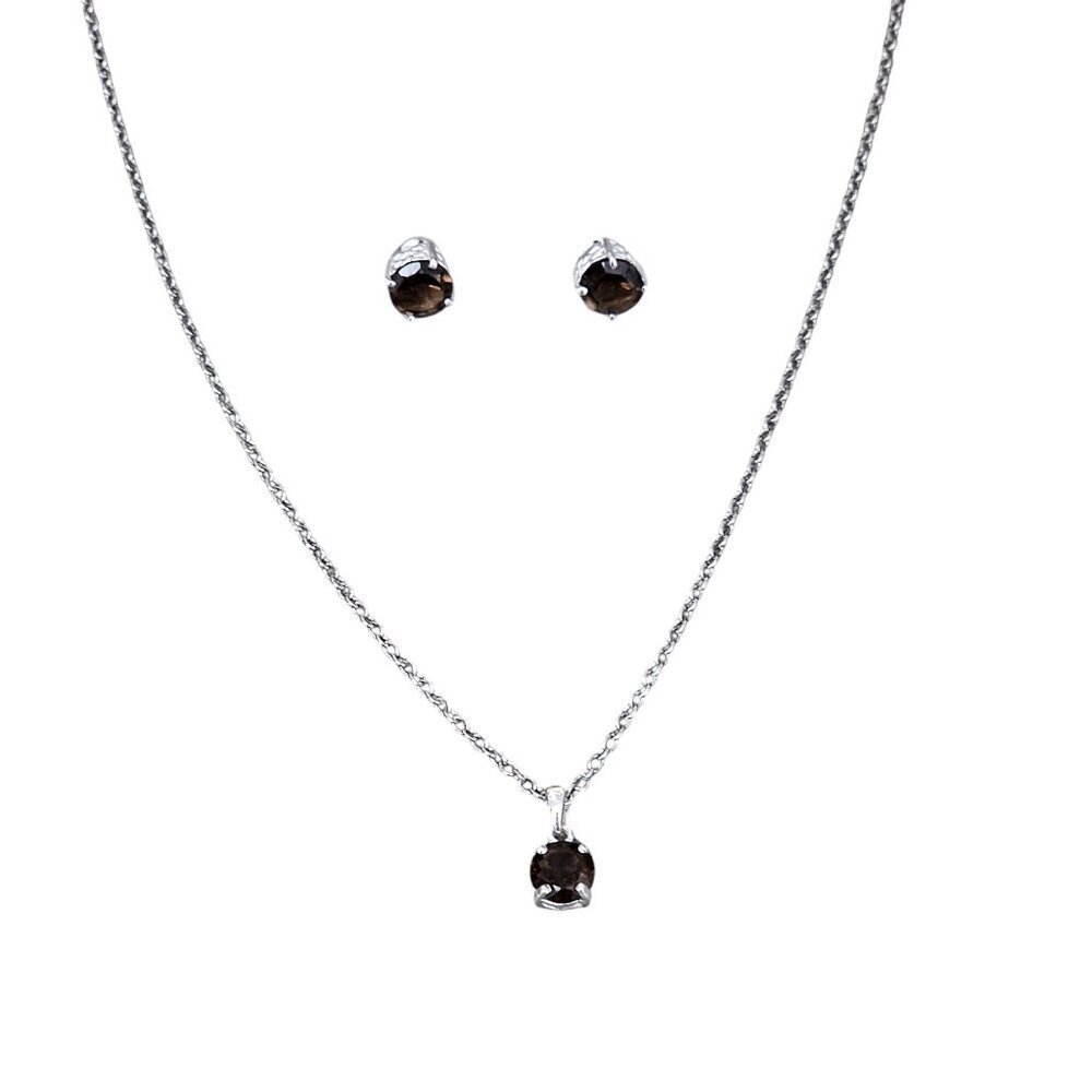 Brazilian Smoky Quartz Solitaire Stud Earring Pendant Sterling Silver Necklace